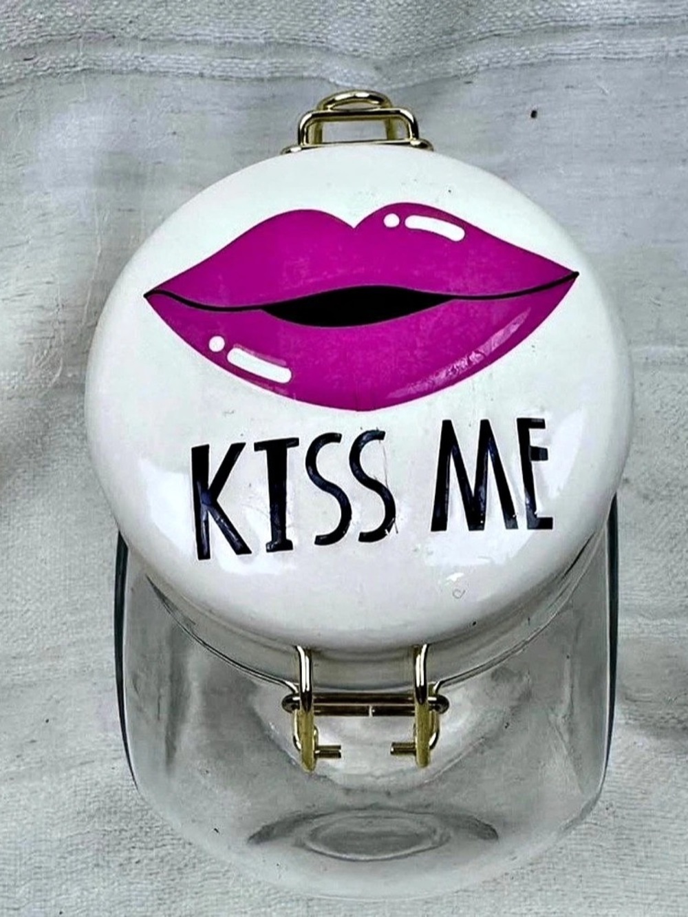 Kiss Me Clear Glass Clamp Lid Jar Pink Lips Gold Tone Hinge